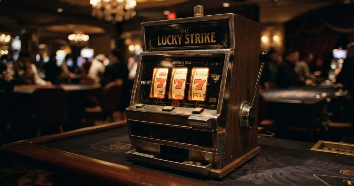 Three-reel classic slot machine with cherry, bar, and red-seven symbols lined up on a single payline, against a dark casino-felt background