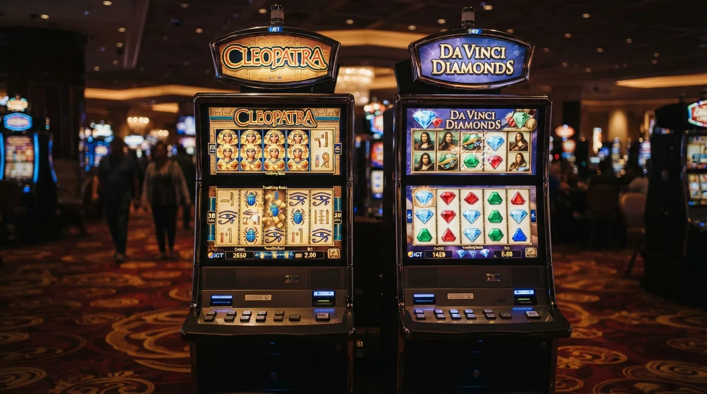 Side-by-side screenshot of the Cleopatra and Da Vinci Diamonds slot reels in play, showing the 20-payline grid and the Tumbling Reels cascade mid-animation
