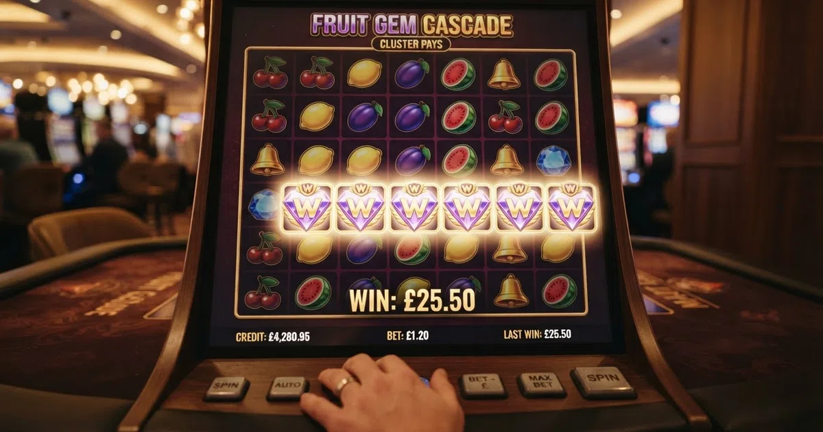 A colourful 7×7 grid of slot symbols — fruits, gems, and wild icons — with a cluster of five matching symbols highlighted to show a winning combination