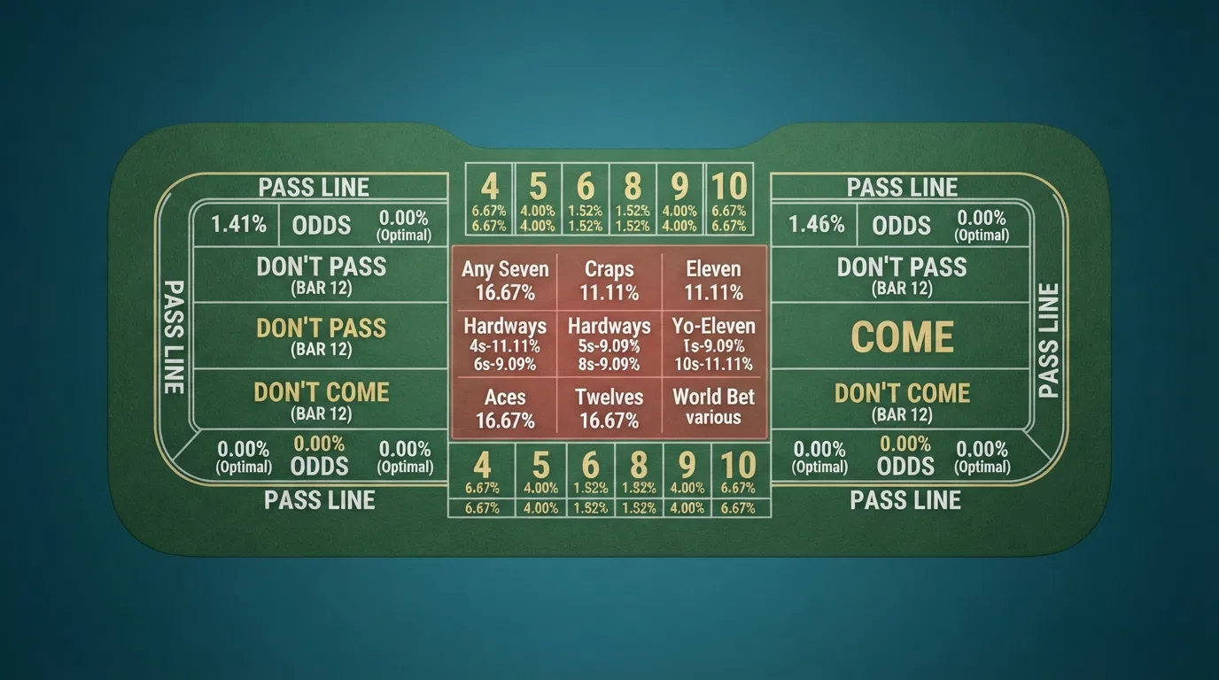 A visual comparison of the major craps betting areas on a table layout, each labelled with its house-edge percentage, from the 0% Odds bet through the high-edge proposition bets in the centre