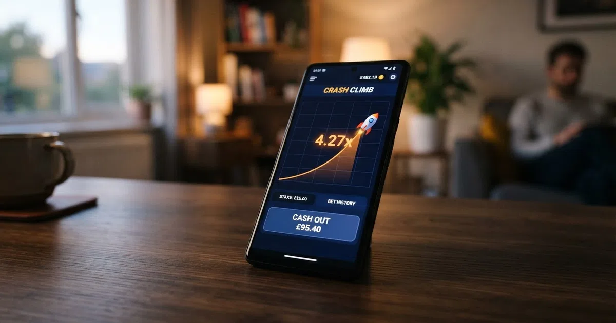 A crash casino game interface on a smartphone showing a rising multiplier graph with a prominent cash-out button and the current round's stake displayed