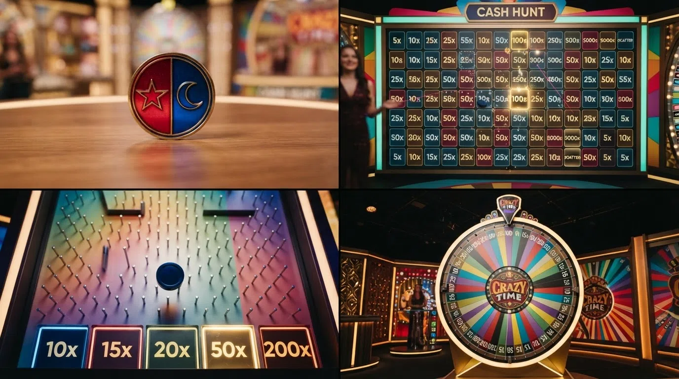 A split-screen view showing the four Crazy Time bonus games: a coin flip on a red and blue background, a shooting gallery of symbols, a puck dropping through a peg wall, and a giant virtual wheel in a CGI studio