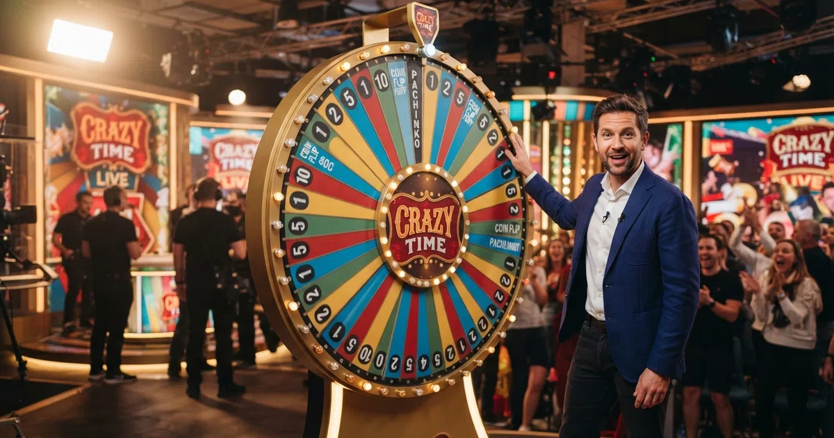 A live game-show studio with a large colourful money wheel, a human presenter standing beside it, and betting positions displayed on screen