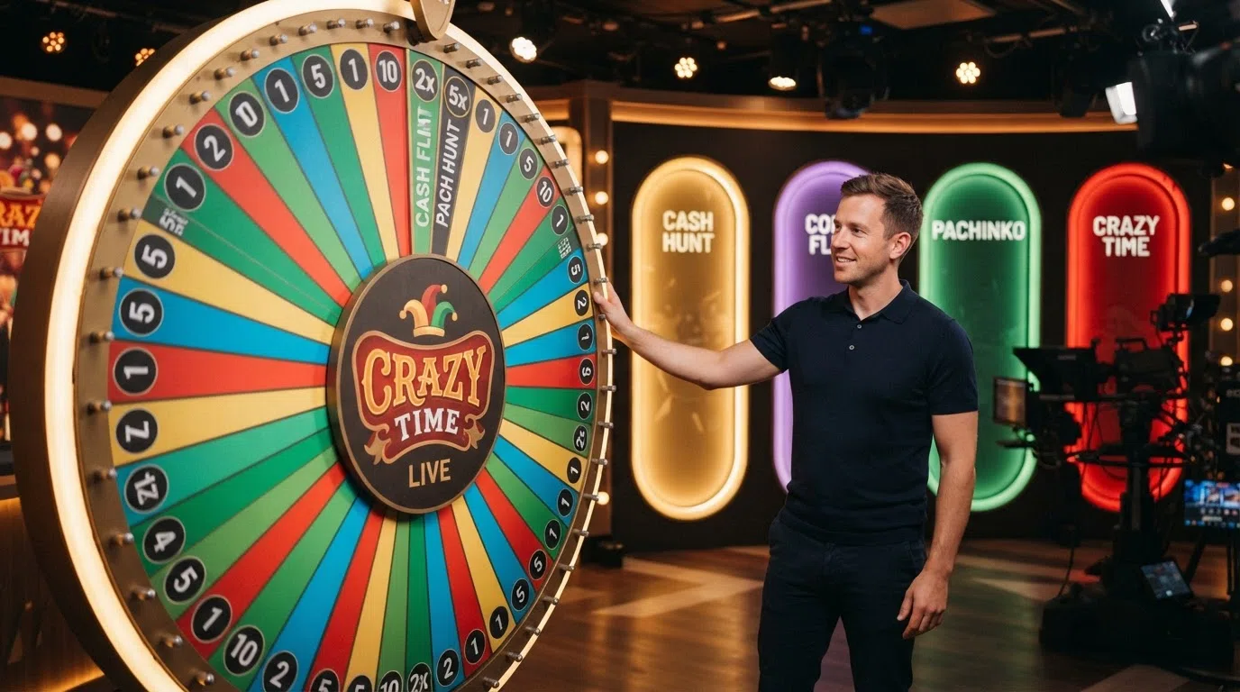 The Crazy Time money wheel in an Evolution Gaming studio, with the presenter spinning the wheel and the four bonus-round portals visible behind them