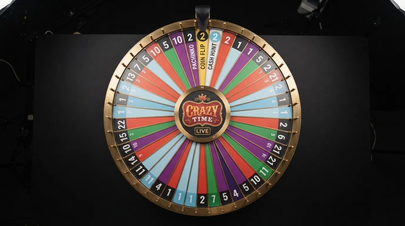 A close-up of the Crazy Time money wheel showing the numbered segments (1, 2, 5, 10) with their colours and the bonus segment positions marked in different colours
