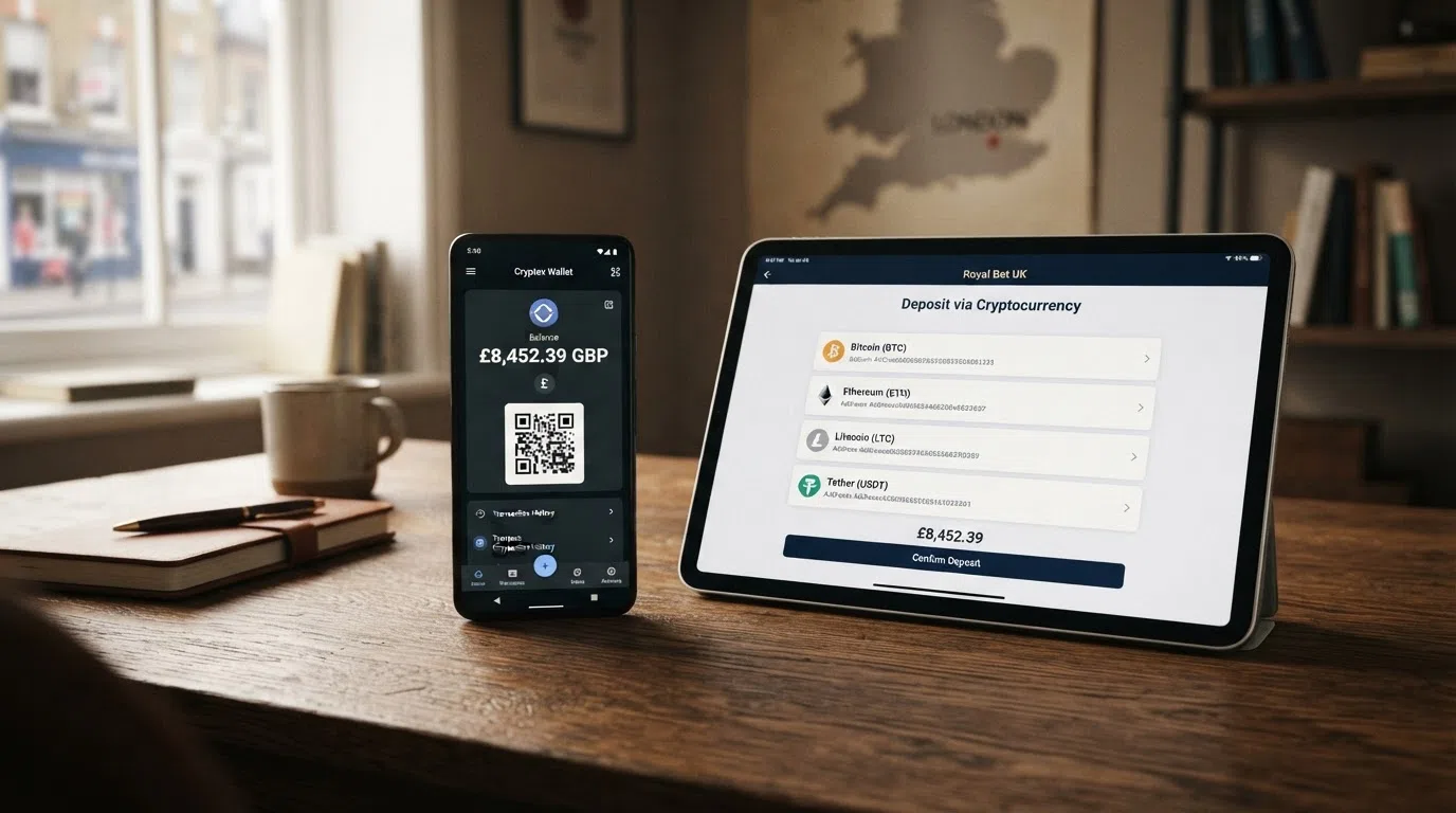 A smartphone showing a cryptocurrency wallet balance beside a casino cashier screen with Bitcoin and Ethereum deposit options, a faded UK map in the background