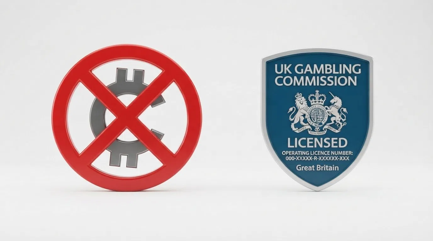 A warning-style visual showing a Bitcoin symbol crossed out beside a UK Gambling Commission licence badge