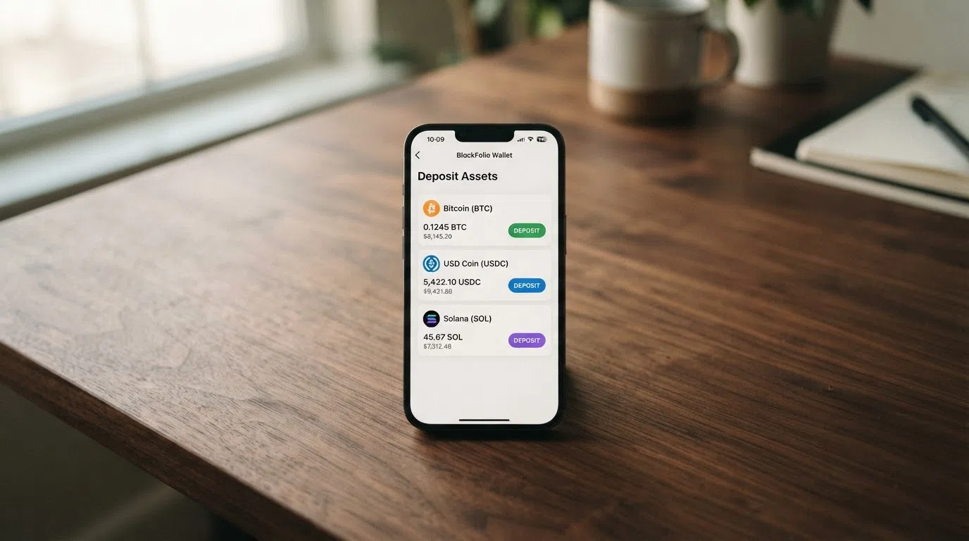A smartphone wallet screen showing Bitcoin, Ethereum and Tether deposit options