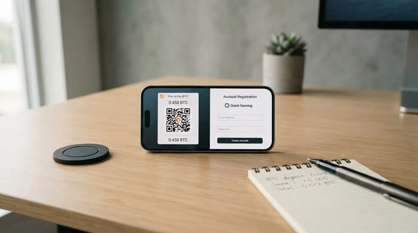 A smartphone screen showing a cryptocurrency wallet QR code beside a casino registration form that requests only an email address and password
