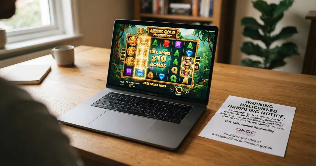 A Curacao-licensed casino site open on a laptop beside a UK Gambling Commission warning notice