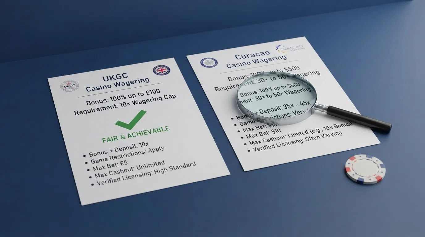 A side-by-side concept illustration: on the left a document labelled “UKGC — 10× wagering cap” with a checkmark, on the right a document labelled “Curacao — 30× to 50× wagering” with a magnifying glass over the fine print