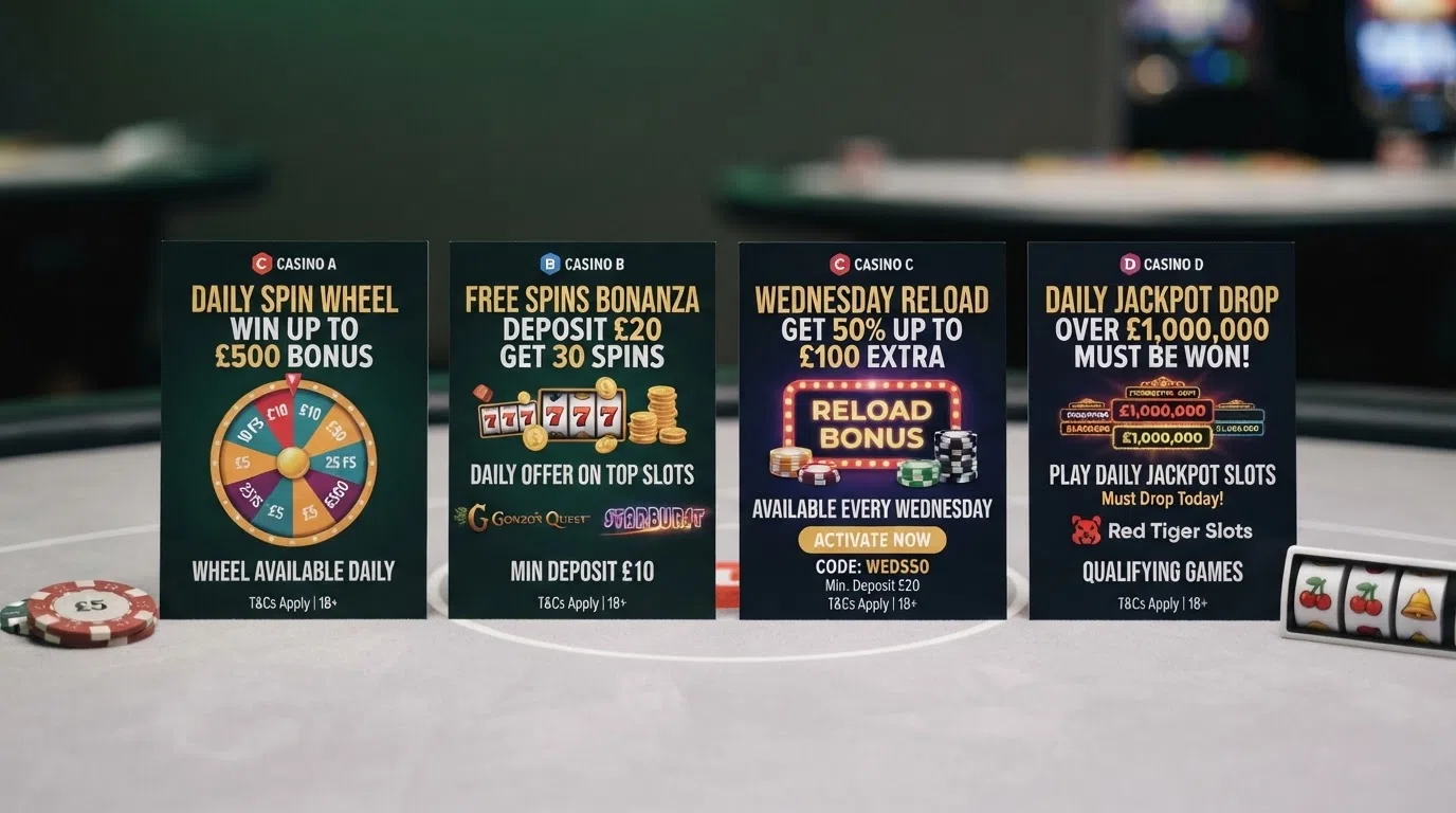 A side-by-side view of the daily-promotion offer cards from the top-ranked UK casinos — prize wheels, free-spin counters and reload banners