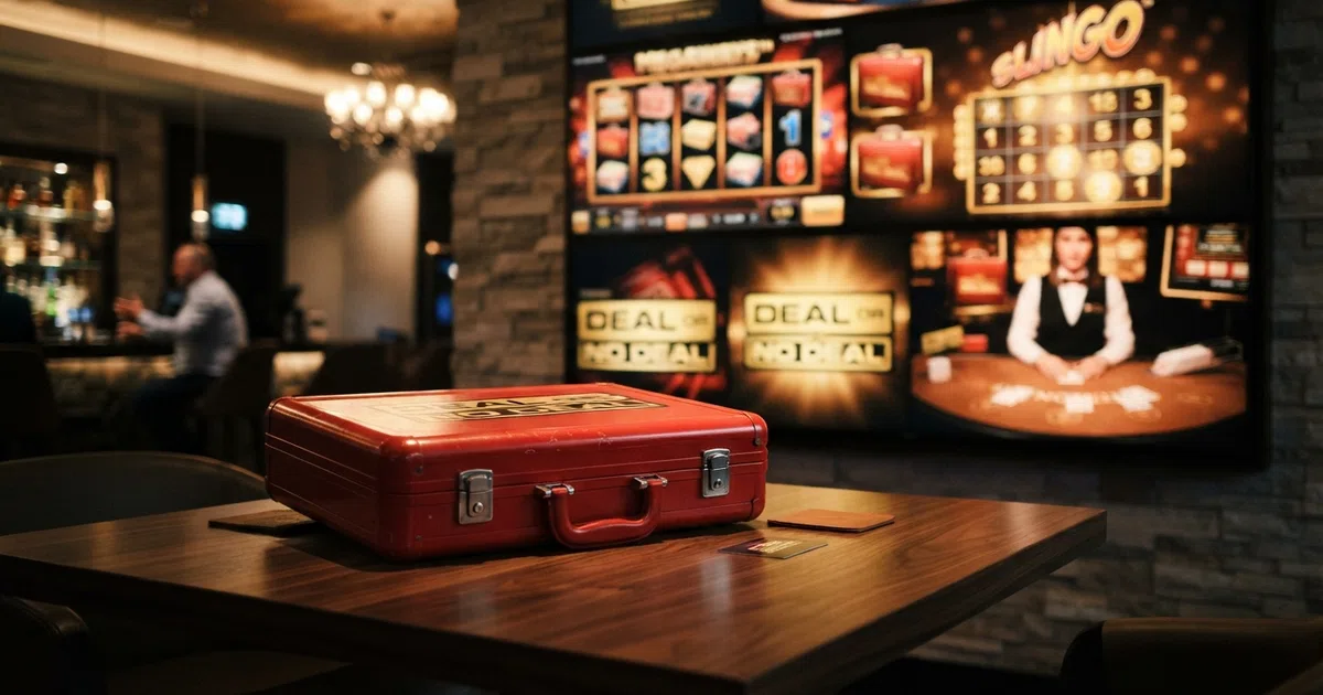 A grid of Deal or No Deal branded slot game tiles with the iconic red sealed briefcase from the TV game show in the foreground