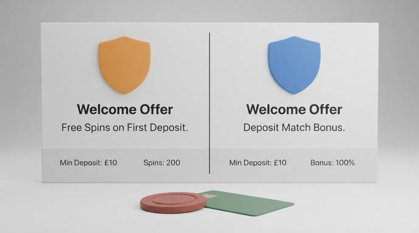 A side-by-side comparison layout of casino welcome offers, with debit card logos, minimum deposit figures and free-spin counts visible