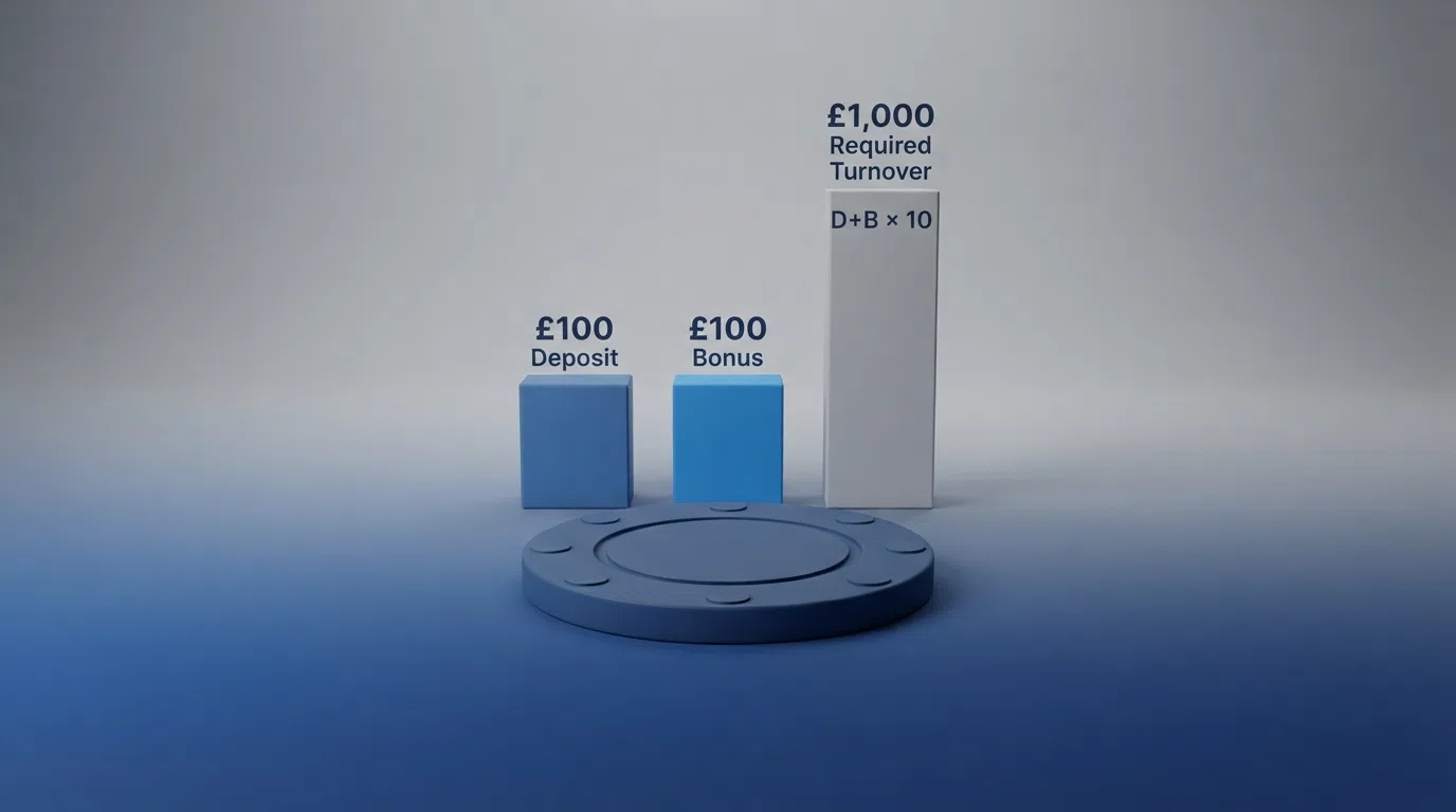 A simple diagram showing a £100 deposit matched by £100 in bonus funds, then a 10× wagering requirement converting it into £1,000 required turnover