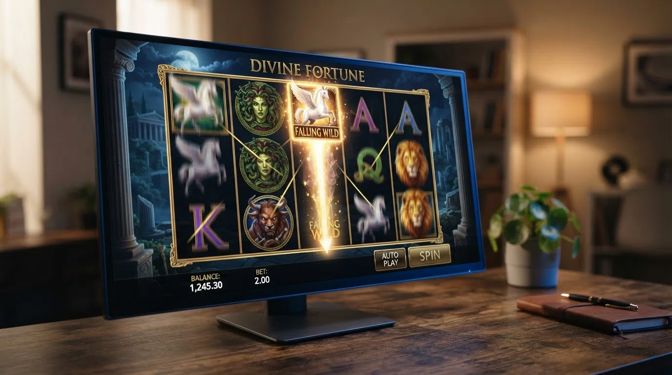 The Divine Fortune 5-reel 3-row grid mid-spin, showing Pegasus and Medusa symbols with a Falling Wild cascading down the third reel
