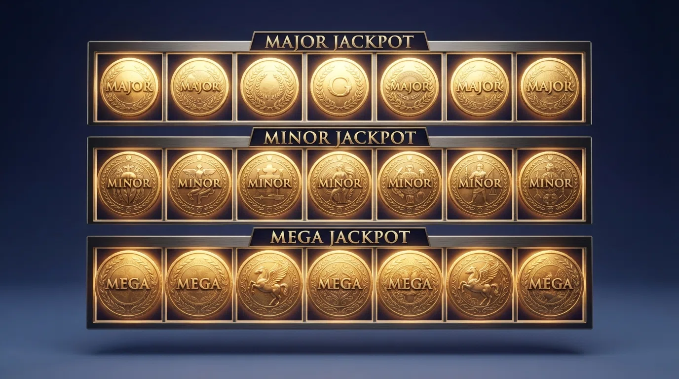 The Jackpot Bonus Game overlay with three rows of gold coins — Mega, Major and Minor — and one row already filled