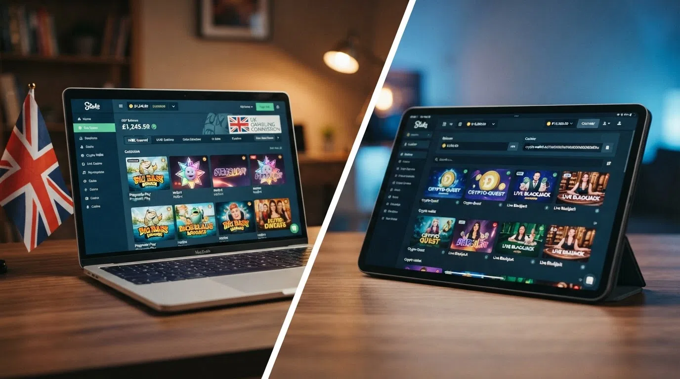 A split-screen visual contrasting a GB-licensed casino interface showing GBP balances and UKGC badges with a crypto casino lobby displaying a DOGE balance and wallet-address cashier.
