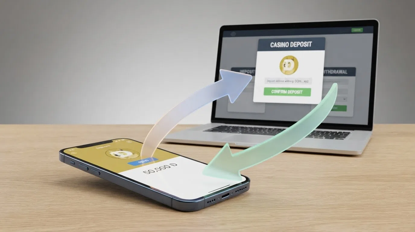 A diagram showing the journey of a Dogecoin transaction from a mobile crypto wallet to a casino account and back, with arrows marking the deposit, play and withdrawal stages.