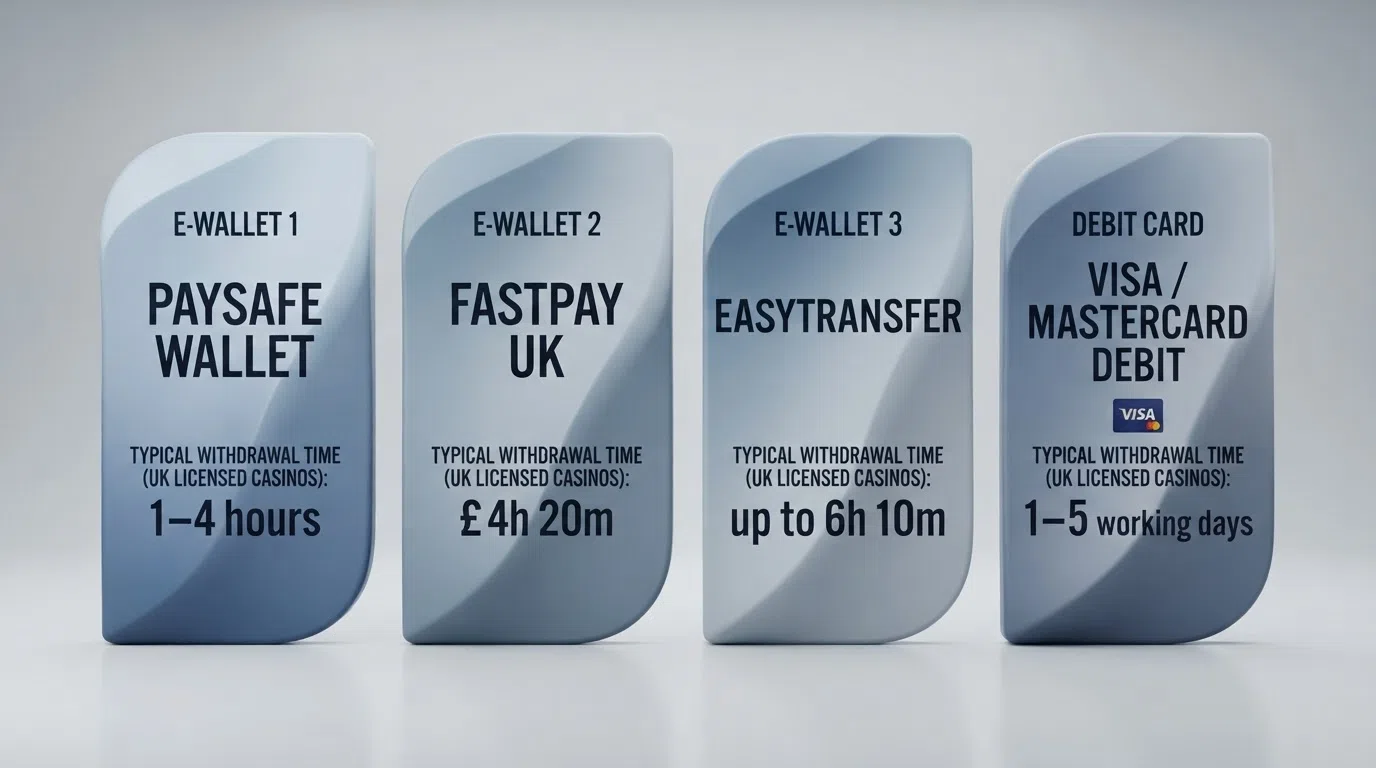 A side-by-side graphic comparing PayPal, Skrill and Neteller logos with their typical withdrawal timeframes at UK-licensed casinos, shown against a debit card for scale