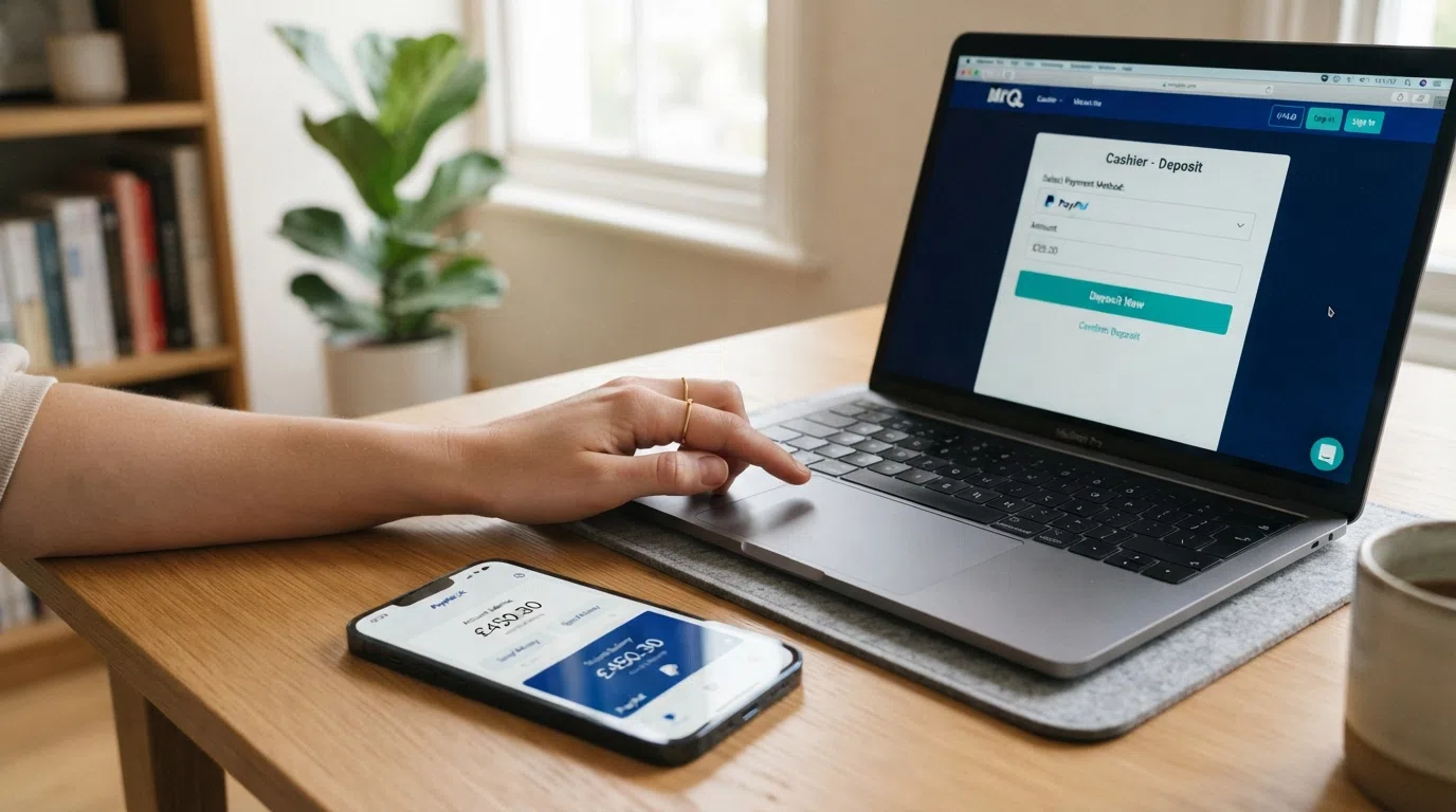 A smartphone screen showing the ecoPayz app balance next to a laptop displaying a UK casino cashier with ecoPayz selected as the deposit method