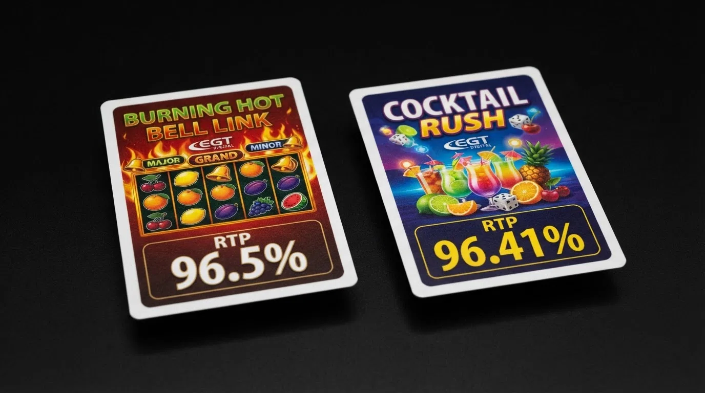 Side-by-side game cards for Burning Hot Bell Link and Cocktail Rush with their RTP percentages displayed prominently