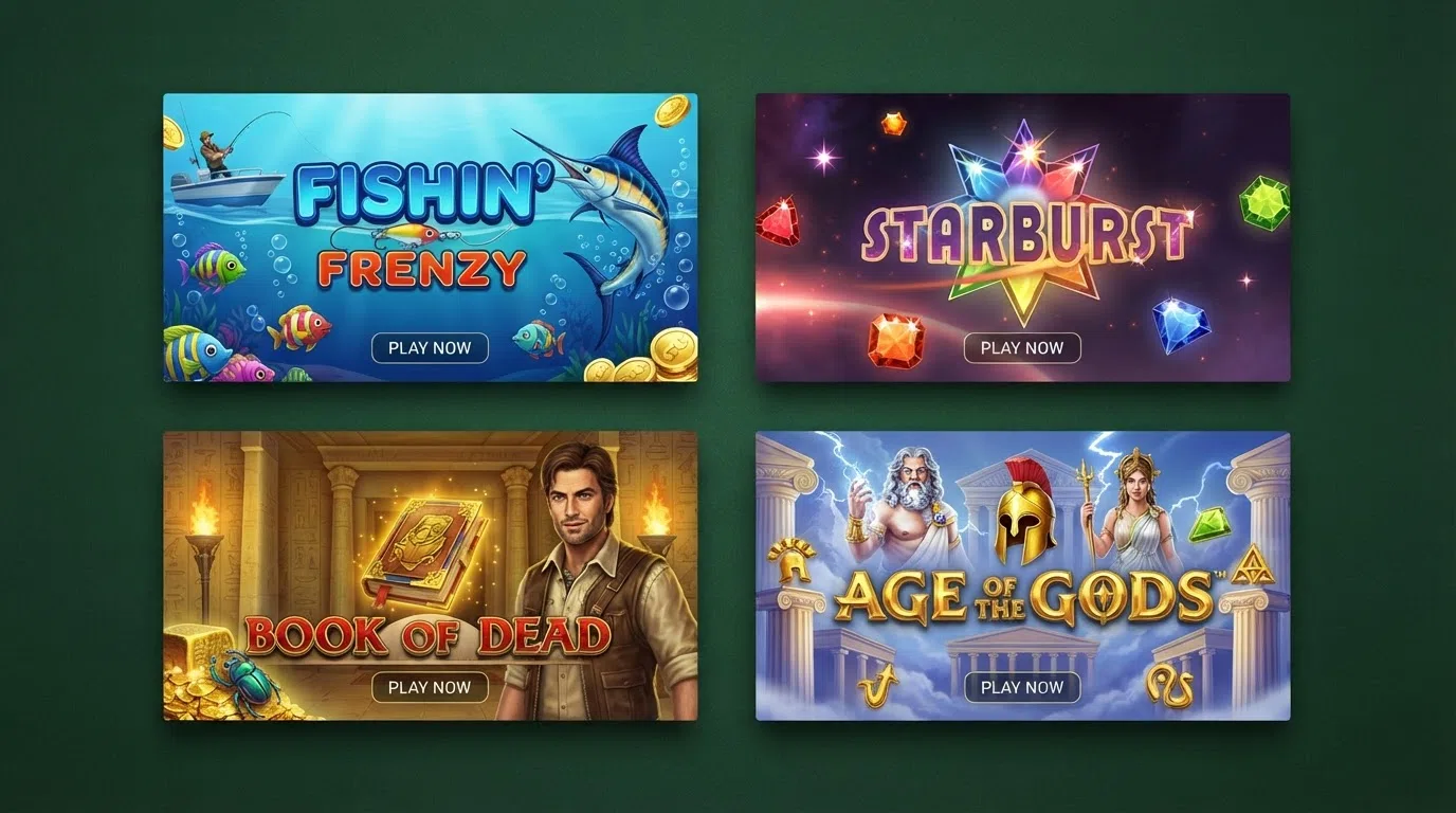 A grid of the most common eligible slot title cards — Big Bass Splash, Fishin' Frenzy, Book of Dead and Starburst — arranged on a dark casino-green background