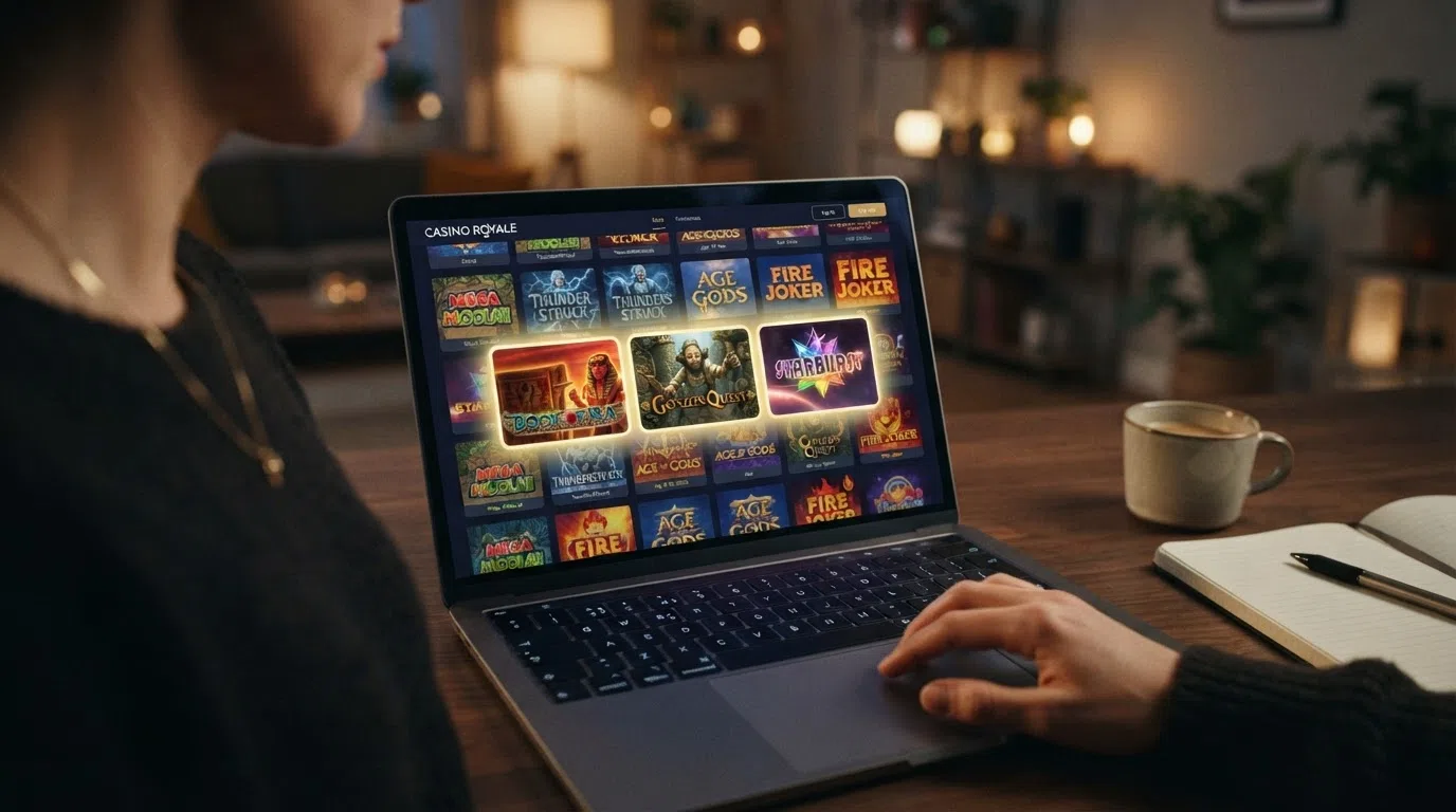 A grid of brightly coloured online slot game tiles on a casino lobby screen, with two or three tiles highlighted as "Eligible for Free Spins" and the rest greyed out