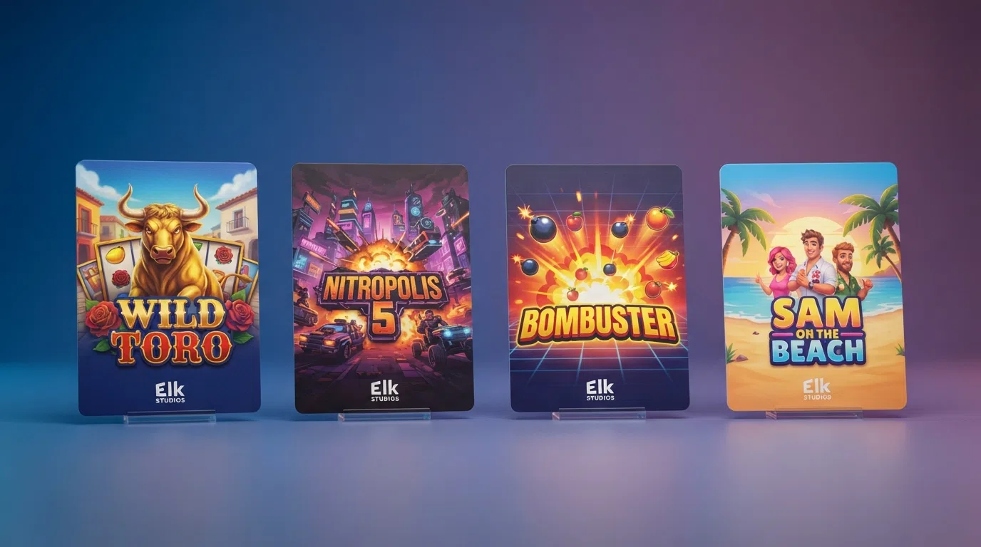 Four slot title cards for Wild Toro, Nitropolis 5, Bombuster and Sam on the Beach