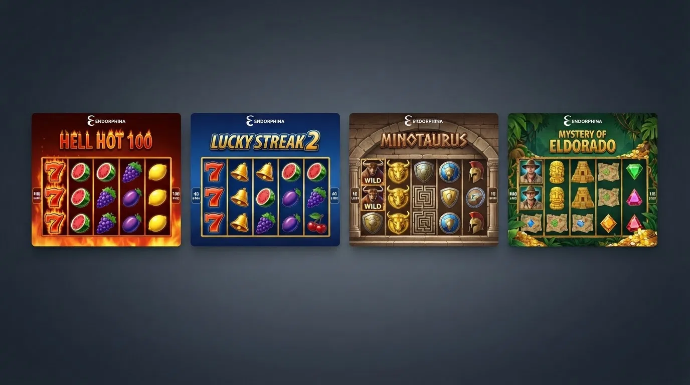 Four Endorphina slot title cards arranged side by side — Hell Hot 100, Lucky Streak 2, Minotaurus and Mystery of Eldorado — each showing its reel grid and featured symbol
