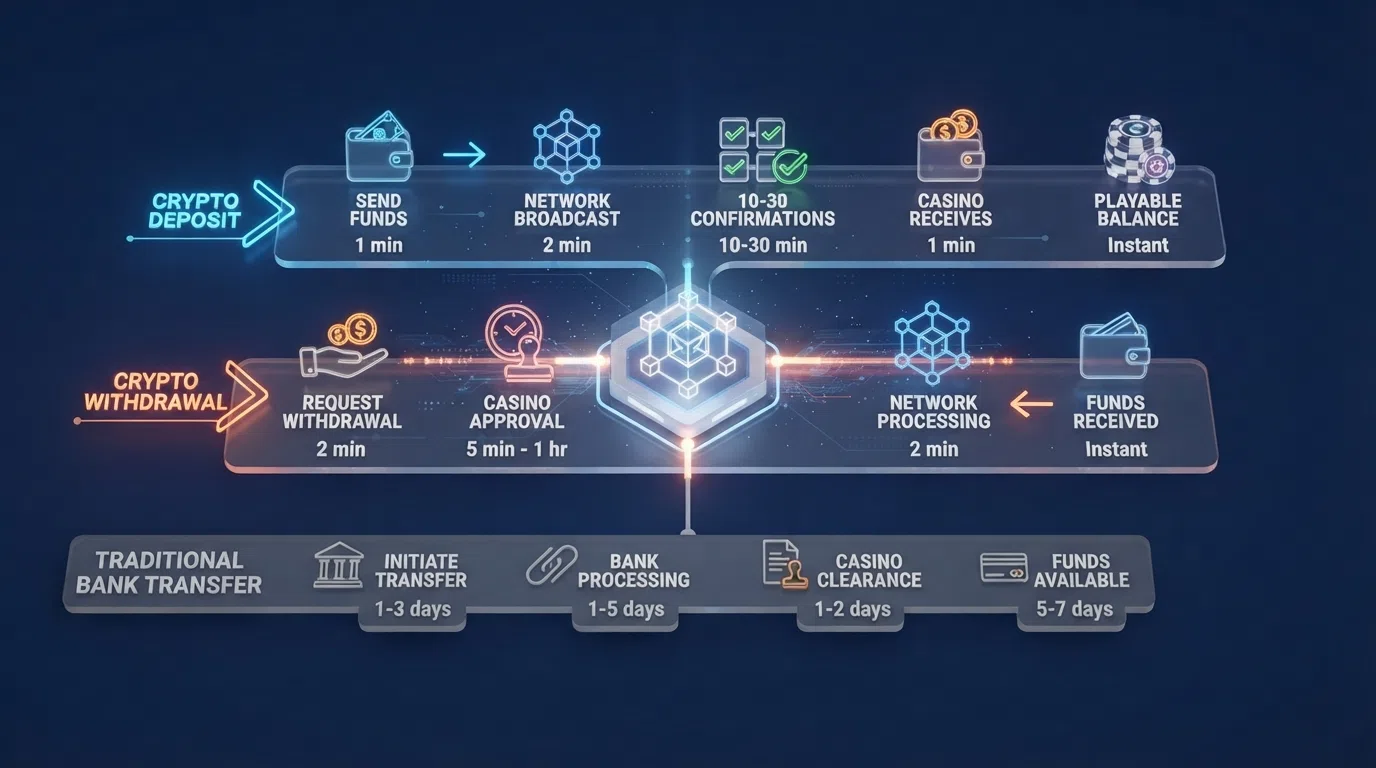 A diagram comparing the Ethereum casino deposit and withdrawal timeline against a traditional bank transfer, with confirmation steps labelled