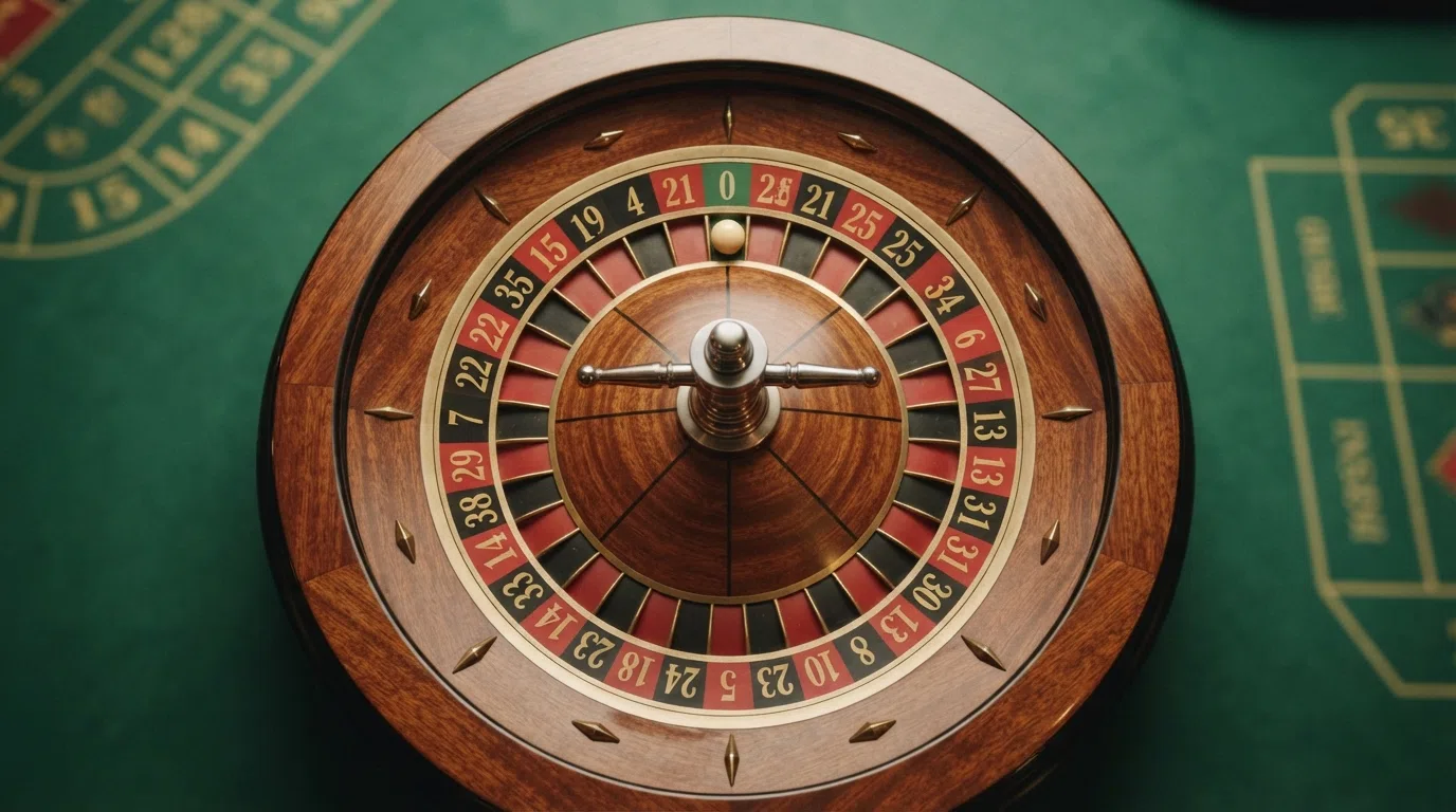 A close-up of a European roulette wheel showing the single zero pocket and the numbered slots from 0 to 36