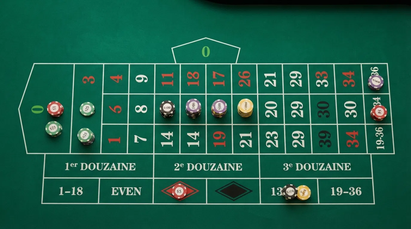 A flat-top view of the European roulette betting layout — the inside number grid and the outside betting boxes for red/black, odd/even, dozens and columns — with chips placed on a selection of bets