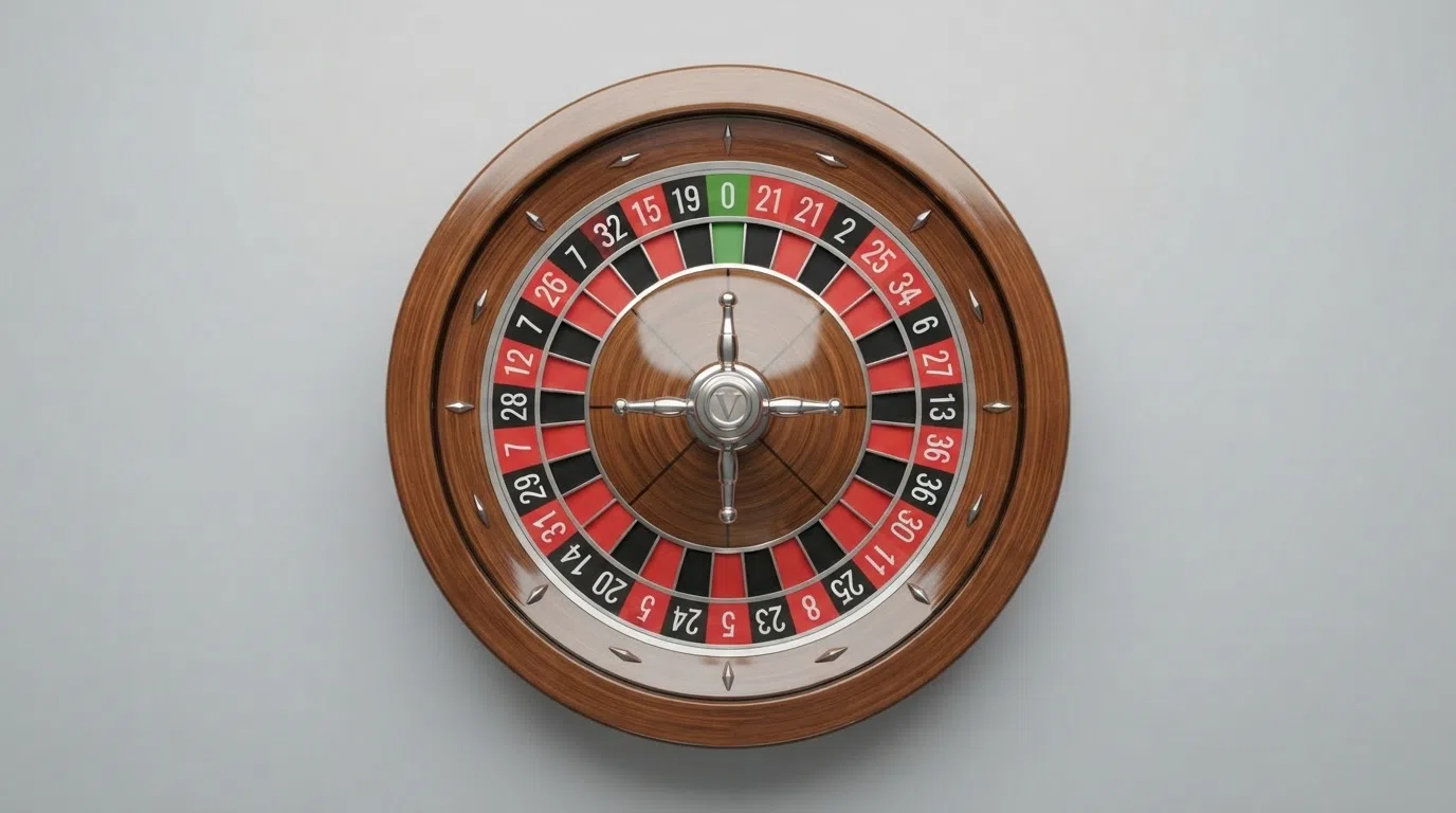 A European single-zero roulette wheel with numbered pockets 0 through 36 in alternating red and black, the zero pocket in green, photographed from above to show the full number sequence