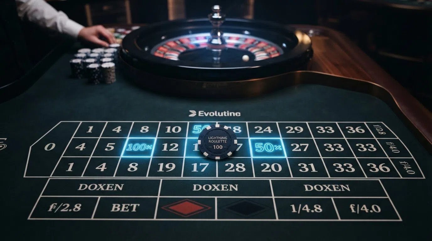 A close-up of an Evolution Lightning Roulette table in play, showing the digital lucky-number overlay with multiplier values up to 500× on the betting grid