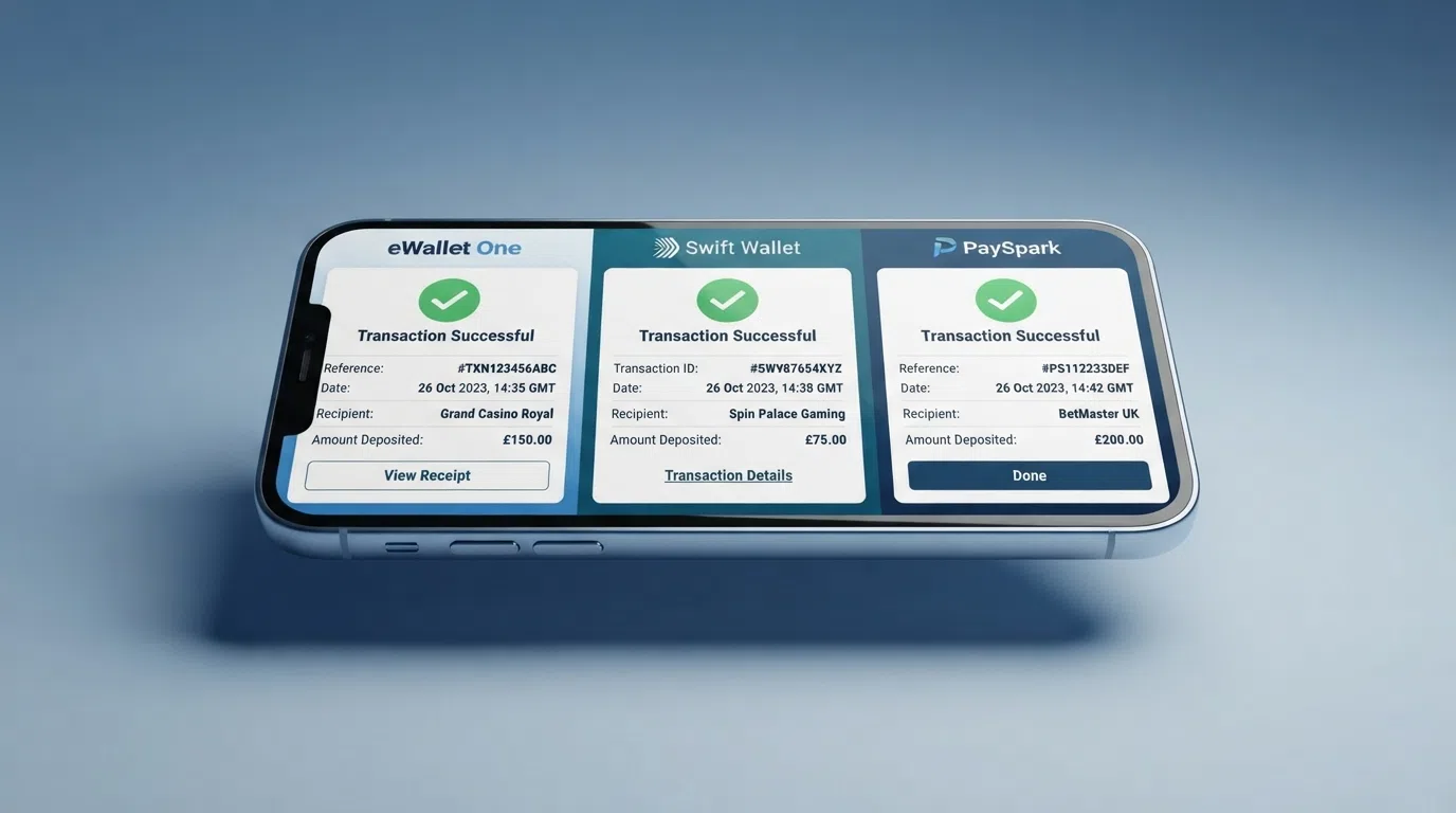 A split-screen comparison of a PayPal app, a Skrill wallet dashboard and a Neteller account summary on a mobile phone, each showing a completed casino deposit transaction