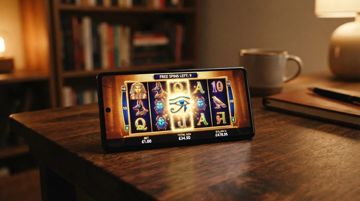 The five reels of the Eye of Horus online slot during the free-spins feature, with Egyptian-themed symbols, an expanding wild covering the centre reel, and the free-spins counter visible