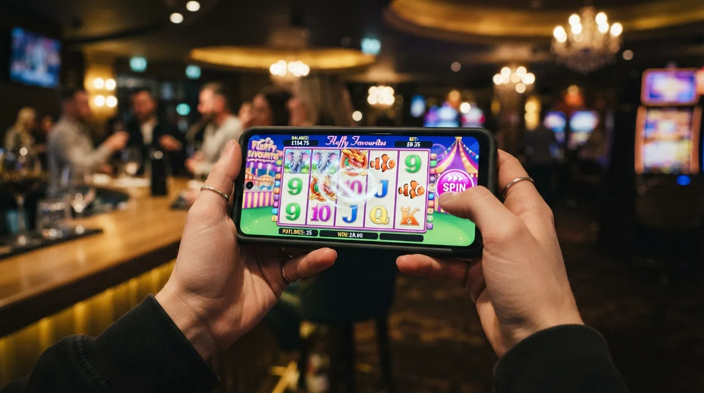 An Eyecon slot game running in landscape orientation on a smartphone held in two hands, with the spin button visible at the bottom right