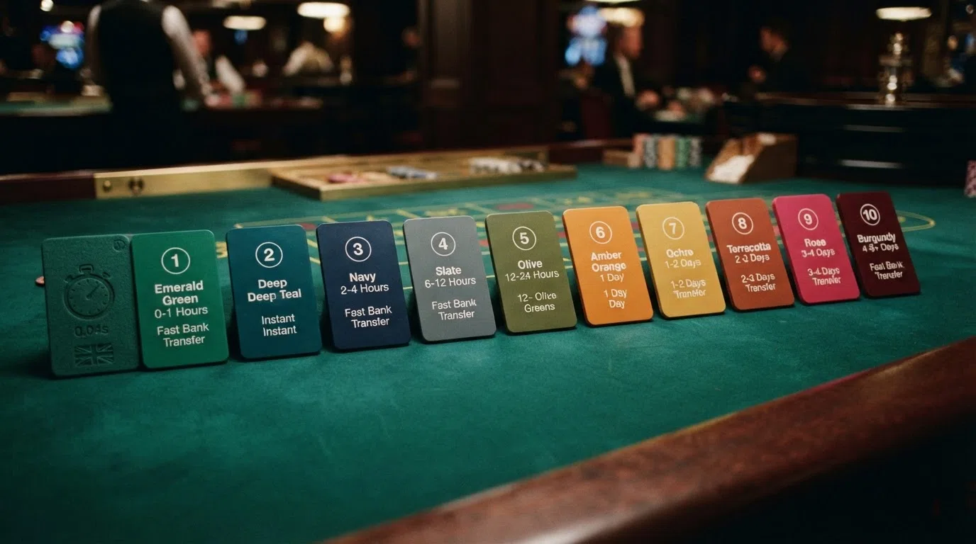 A ranked comparison strip of ten UK casino logos arranged left to right from fastest tested withdrawal time to slowest, with a stopwatch motif