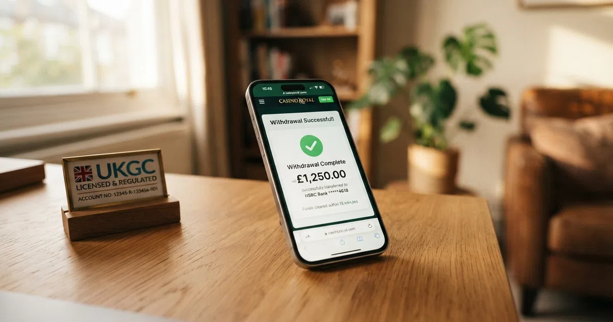 A split-screen digital illustration: on the left, a smartphone displaying a casino withdrawal screen with a prominent “Withdraw” button and a countdown timer; on the right, a UKGC licence badge and a clock face showing real processing stages labelled “Verification”, “Processing” and “Payment Sent”.