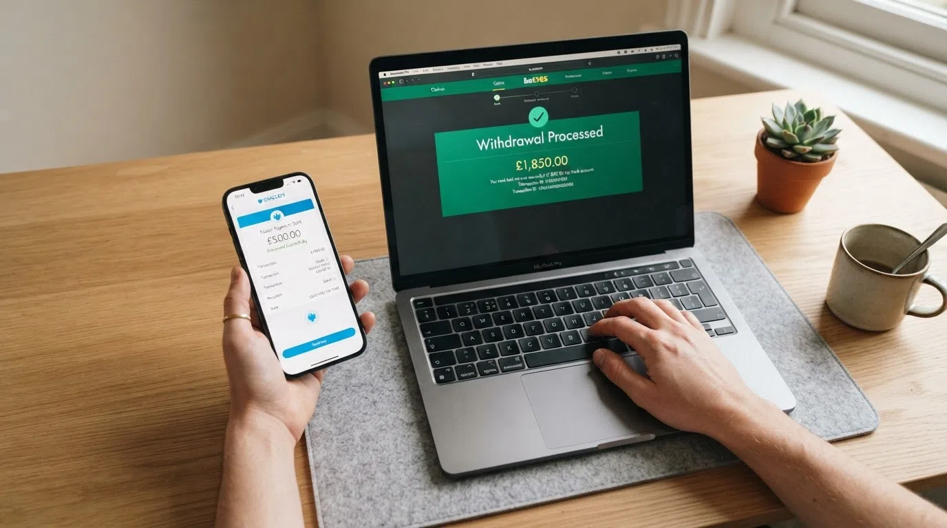 A smartphone showing a banking app with a completed Faster Payments transfer confirmation, next to a laptop displaying a casino withdrawal screen with a “processed” status