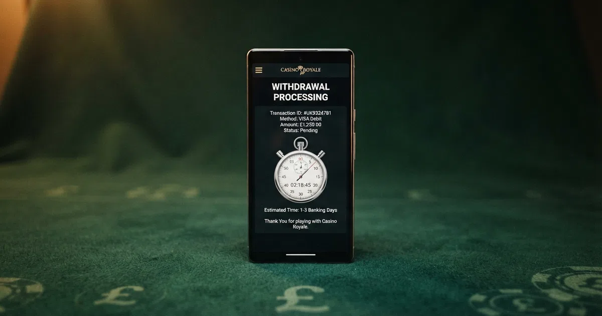 A smartphone screen displaying a UK online casino withdrawal screen with a stopwatch overlay and the words “Withdrawal Processing” visible, set against a dark green background with subtle pound-sterling motifs.