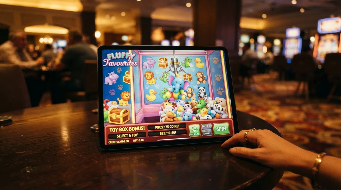 The Fluffy Favourites slot game screen during the claw-machine bonus round, showing colourful stuffed-toy symbols and the prize picker