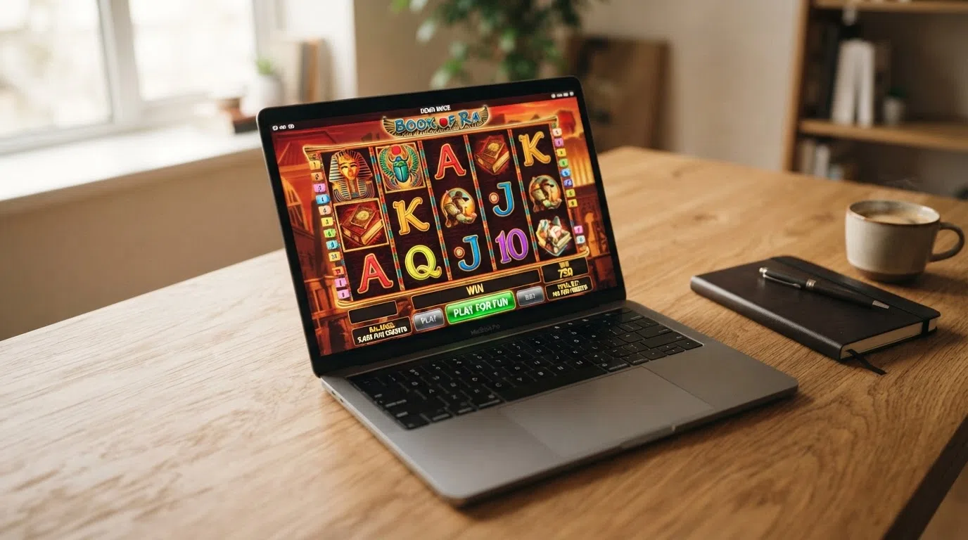 A laptop screen showing a colourful video slot in demo mode with a “Play for Fun” button and a credit counter displaying fun-credits rather than a currency symbol.