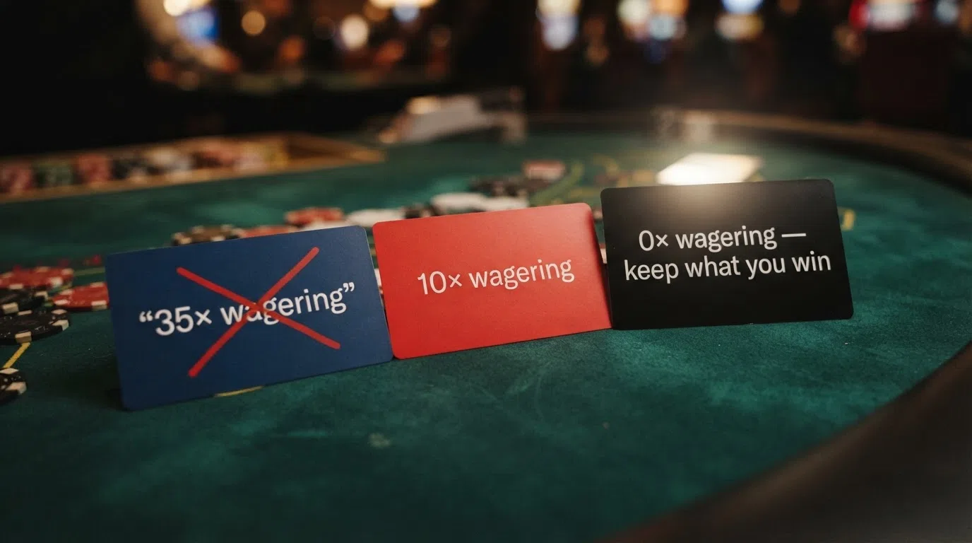 Three free-spin bonus cards laid side by side, each showing a different value — the first marked “35× wagering” crossed out, the second showing “10× wagering”, the third showing “0× wagering — keep what you win”