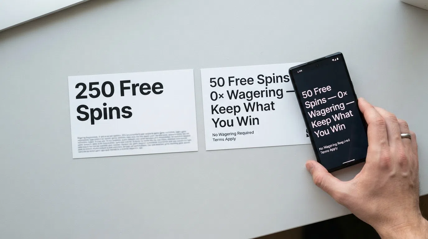A side-by-side visual of two offer cards: one with a large “250 Free Spins” headline and dense small-print terms beneath, the other with “50 Free Spins — 0× Wagering — Keep What You Win” in clean type