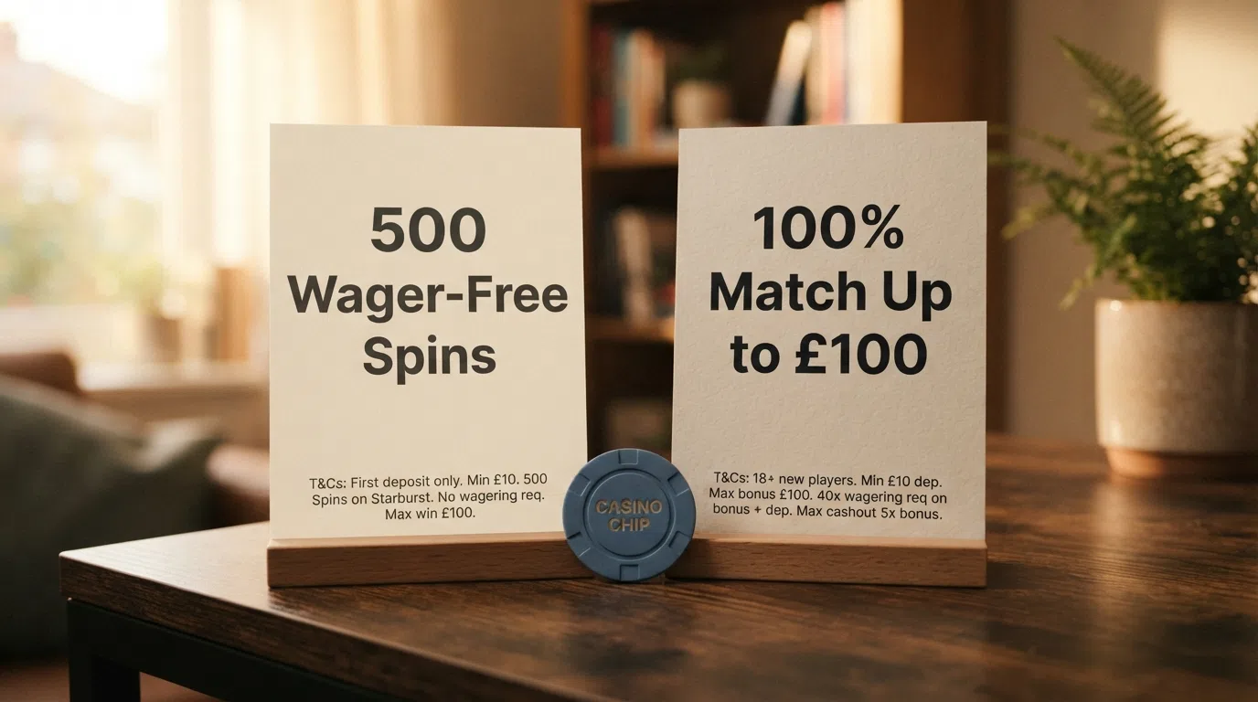 Two promotional banners side by side — one advertising “500 Wager-Free Spins,” the other advertising “100% Match Up to £100” — with the wagering terms and cashout cap overlaid as callouts
