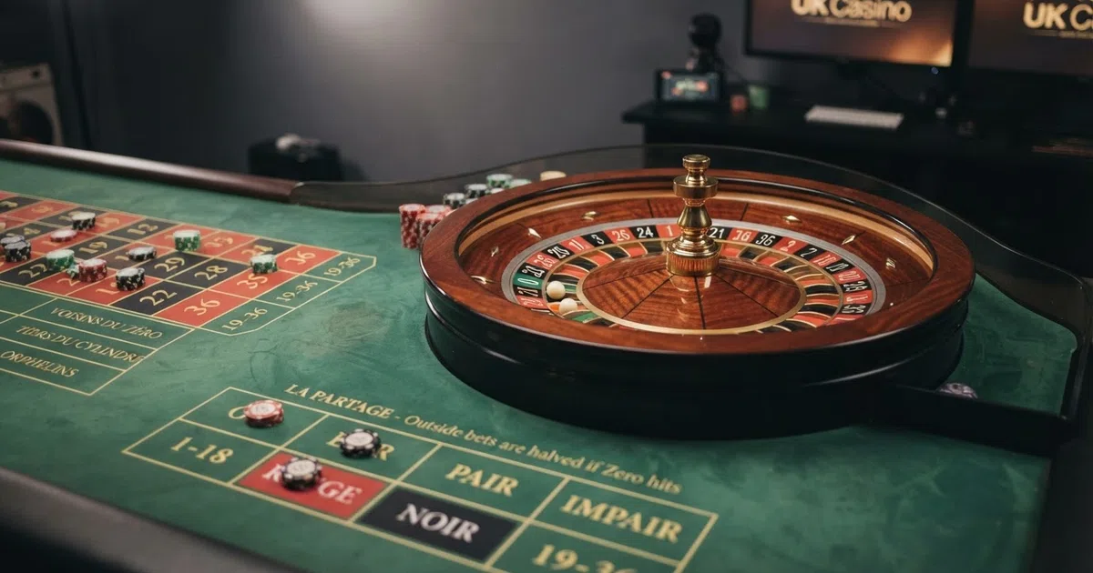 A French Roulette wheel showing the single zero, the racetrack betting layout, and the even-money outside-bet area on green baize