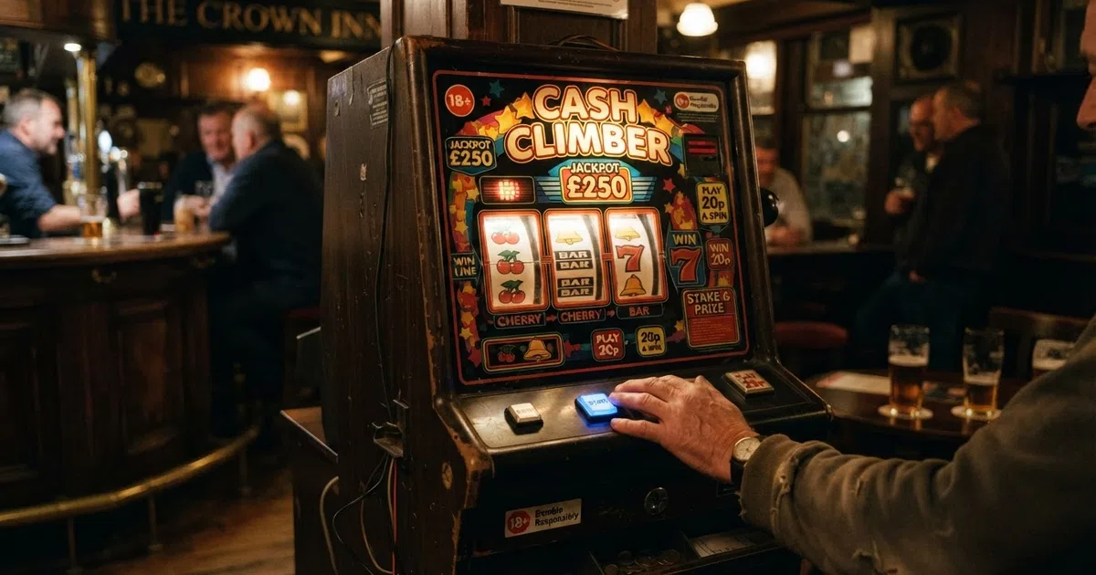 A classic British pub fruit machine cabinet with illuminated reels showing cherries, BAR symbols and red sevens, photographed against a dark pub interior