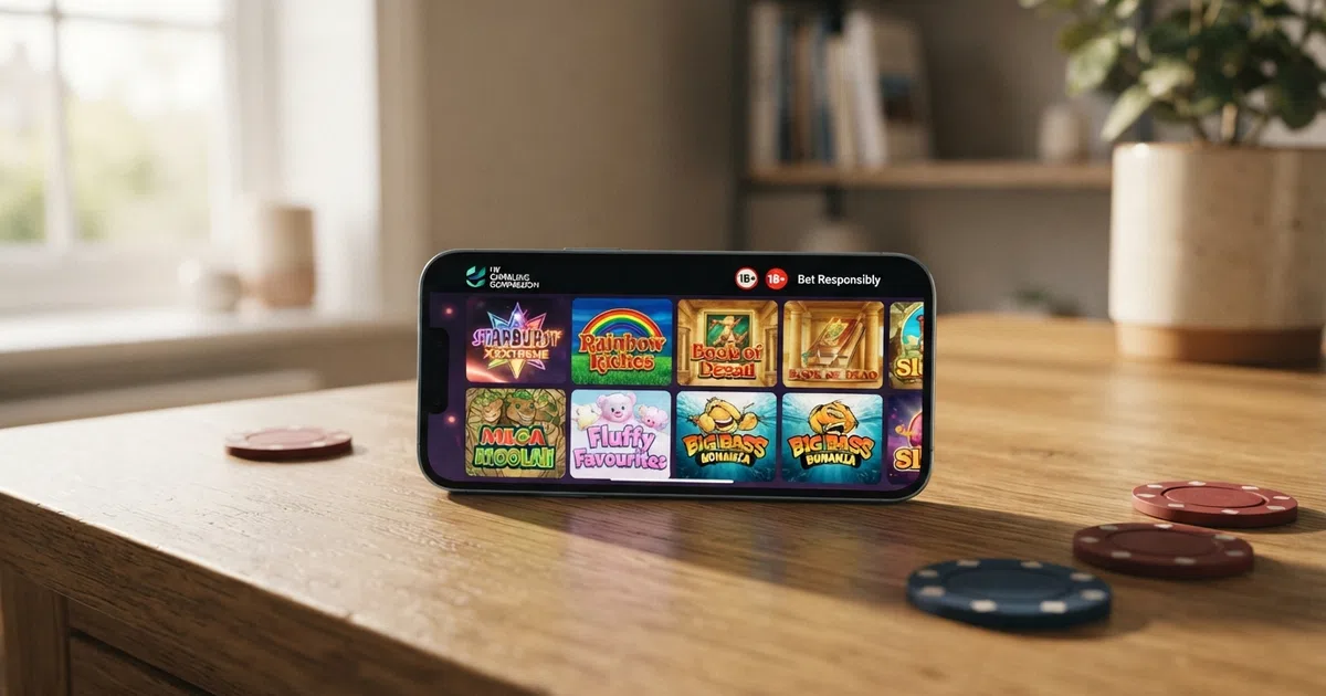A grid of online slot game thumbnails on a UK casino site homepage